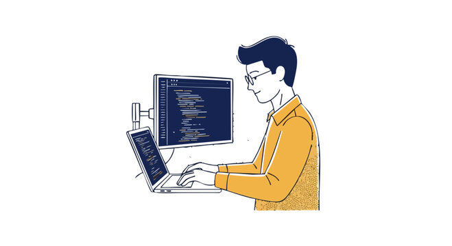 Programmer Working on Code with Laptop and Monitor Illustration