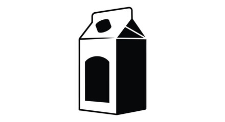 A stark black silhouette of a gable top milk carton stands isolated on a plain white background silhouette © jivect02