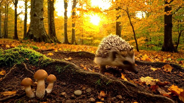 A sunny autumn forest scene showing a cute hedgehog and mushrooms near the trees. Golden foliage and sunlight create a warm atmosphere