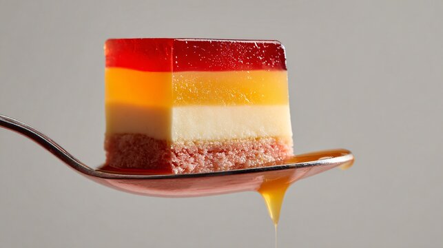 A spoon lifting a perfectly layered bite revealing sponge, custard, and jelly under bright studio lighting