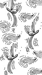 Seamless Line Art Pattern with Abstract Birds, Swirling Clouds, and Decorative Elements
