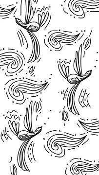 Seamless Line Art Pattern with Abstract Birds, Swirling Clouds, and Decorative Elements