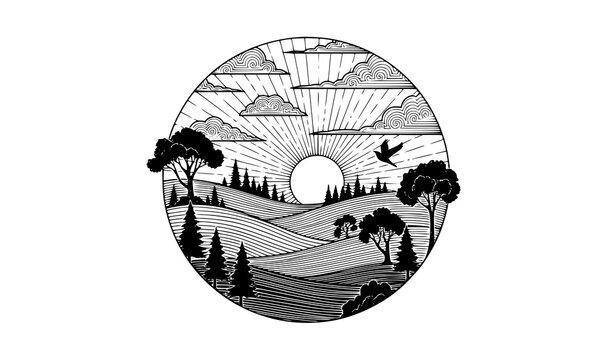 Detailed circular landscape with sun rays clouds bird and rolling hills black silhouette vector illustration scenic design