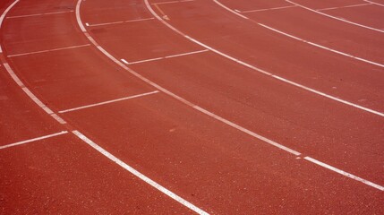 Fototapeta premium A close up view of an empty red running track with white lane markings curving around the stadium isolated on white background