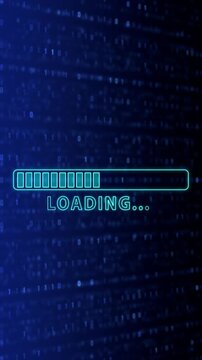 Futuristic Neon Loading Bar on Blue Digital Data binary Codes animation, technology and stream intro vertical social media motion background