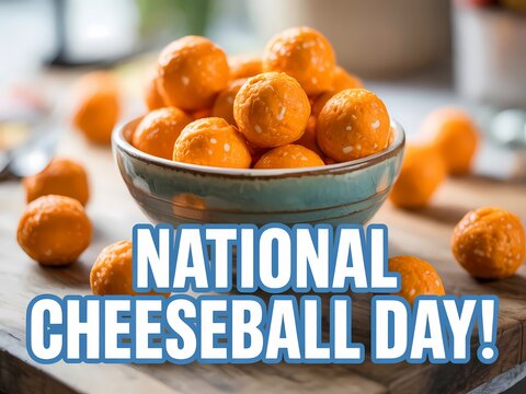 Bowl of orange cheese balls on a wooden table for national cheeseball day