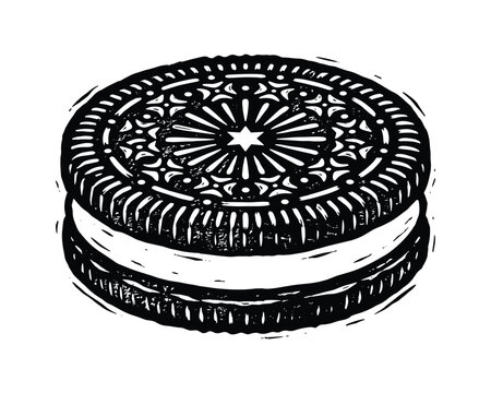 Black and white illustration of an oreo cookie with a detailed pattern on a transparent background