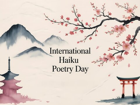 International haiku poetry day celebration with traditional japanese landscape, cherry blossoms, pagoda, and torii gate illustration