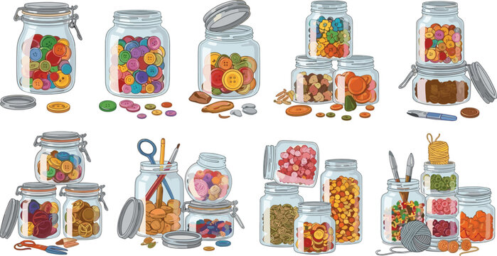 Colorful candy jars collection with assorted sweets, glass containers filled with gummies and confectionery, playful dessert vector set isolated on white background