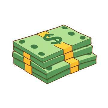A stack of green bills with yellow bands and a dollar sign on top, representing money and finance.