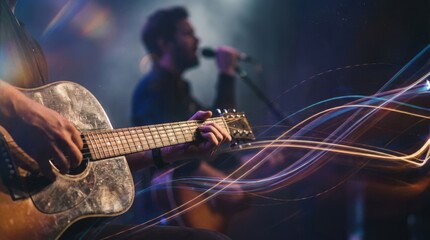 Obraz premium Extra-Wide Entertainment Concept Banner with Close-Up Acoustic Guitar