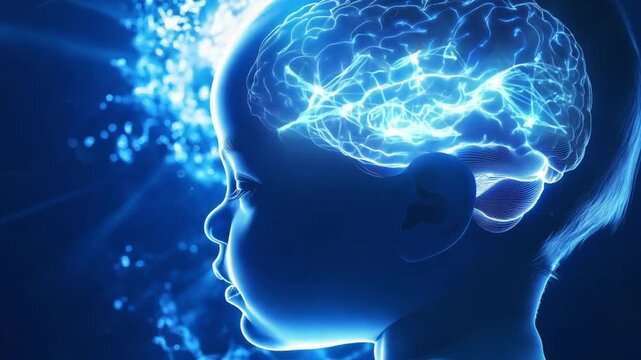 Display of the brain activity in a mind of a child with blue light effects while in a dark setting