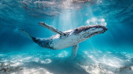 Obraz premium Majestic Humpback Whale Swimming Gracefully in Clear Ocean Waters
