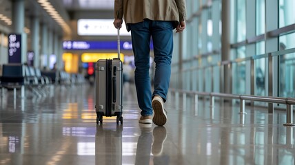 Obraz premium Man with travel luggage walking inside a contemporary airport departure hall