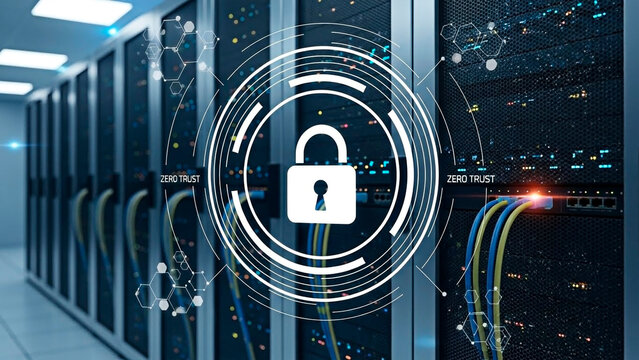 A secure server room with a zero trust cybersecurity concept