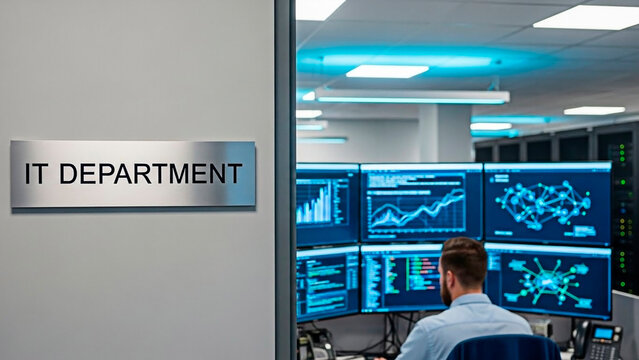 A man working in a modern IT department office with multiple computer screens