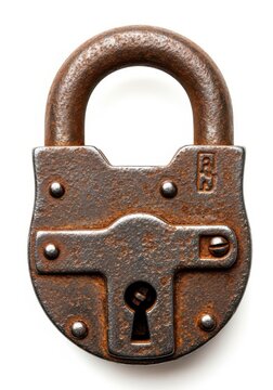 Old weathered padlock rests isolated against a stark white background.
