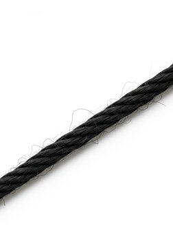Black twisted rope lies diagonally against a plain white background.