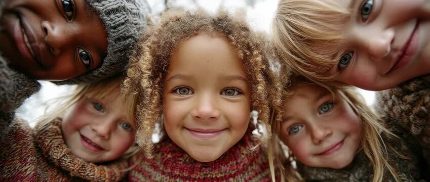 Children gather for a fun moment outside in winter sweaters while playing together in the park under a cloudy sky