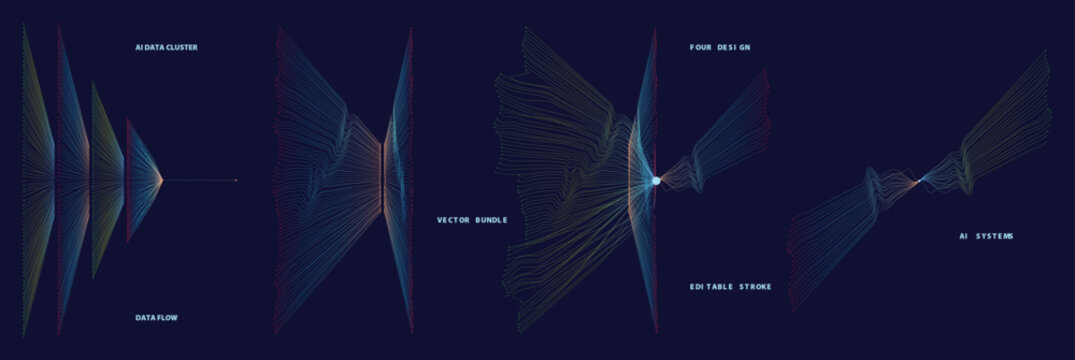 Modern data cluster infographics for artificial intelligence systems featuring editable stroke vector graphics