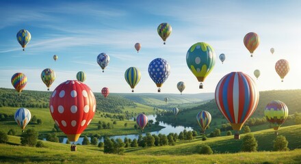 Fototapeta premium Numerous colorful hot air balloons float over a lush green valley during a sunny day.