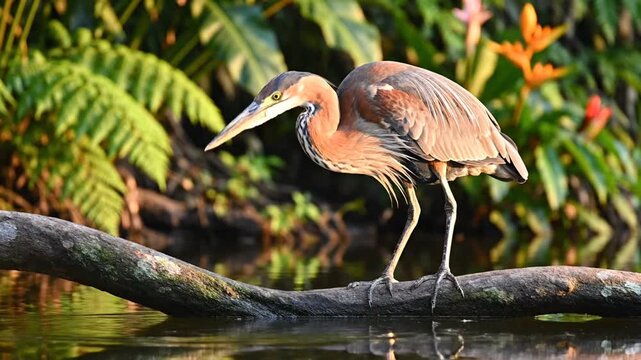 Purple heron standing on a log in tropical wetlands