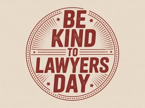 Be kind to lawyers day vintage style typography emblem with red textured letters and decorative lines on a light beige background