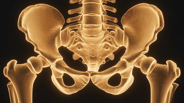 3D golden human pelvis skeleton rotates smoothly with warm lighting for orthopedics education.