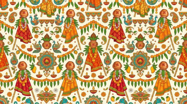 Decorative seamless pattern with Gudi and floral motifs. Concept of Indian festival Gudi Padwa for textile and background design.