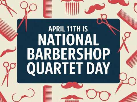National barbershop quartet day celebration background with scissors, combs, mustaches and glasses