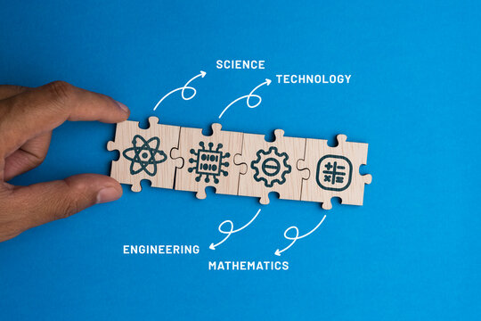 puzzle connection with STEM icon. science, technology, engineering, mathematics education word with icons