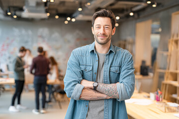 Fototapeta premium A confident man with a tattooed arm stands smiling in a modern office, while colleagues collaborate in the blurred background.
