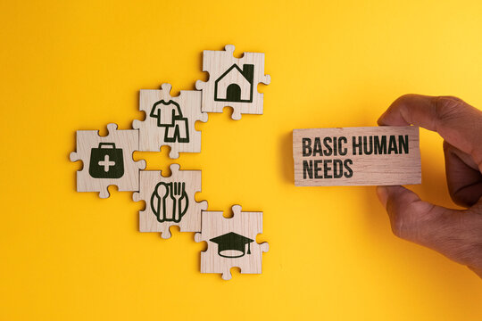 wooden cube with icons of food, Clothing, housing, medical bag, four basic human needs concepts. The Four Basic Material Needs of the Human Being.
