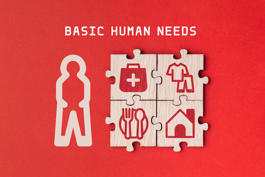 wooden cube with icons of food, Clothing, housing, medical bag, four basic human needs concepts. The Four Basic Material Needs of the Human Being.