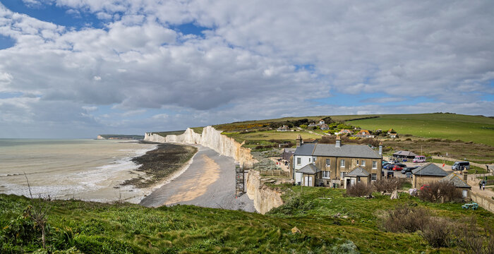 The iconic Seven Sisters Cliffs seen from the South Downs way above Birling Gap in East sussex, UK in March 2026