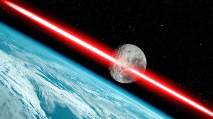 Dramatic render showing intense red laser beam shooting from moon to planet earth causing deep fear and terror across dark space