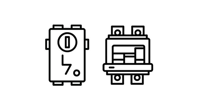 Line art icons of electrical switches and sockets with electrical switch with power outlet with circuit breaker with white background