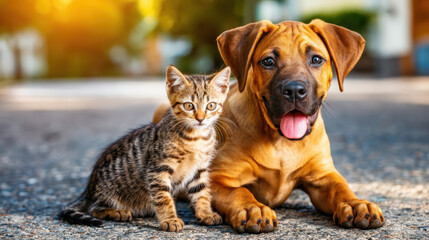 Cute brown dog puppy and adorable pet cat kitten sitting together outdoors showing happy emotional expression resting on pavement