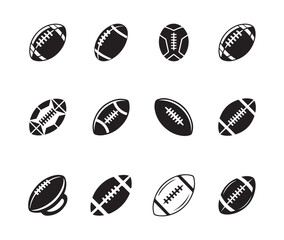 Fototapeta premium Set of twelve American football illustrations in solid black style showing various angles and designs