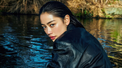 Fashion editorial portrait of an androgynous model showing an intense confident expression wearing leather jacket near dark outdoor water