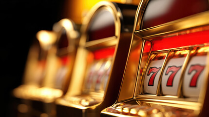 Exciting row of shiny casino slot machine window showing winning jackpot gamble creating thrilling atmosphere for player seeking fortune
