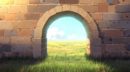 Beautiful serene stone archway leading to an open field peaceful concept art featuring bright sun light lush green grass meadow and blue sky