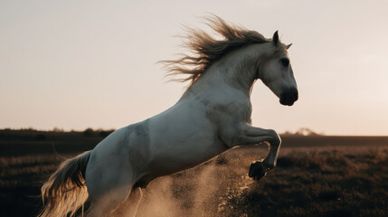 Majestic wild white horse rearing with beautifully flowing mane displaying powerful emotional freedom kicking dirt during sunset