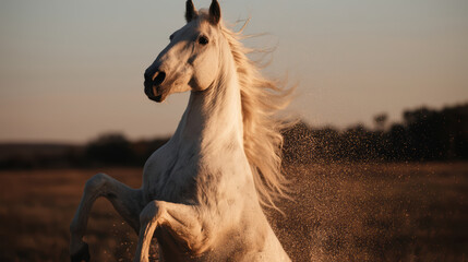 Majestic wild white horse rearing up in air with flowing mane displaying powerful energy and freedom during golden sunset in field