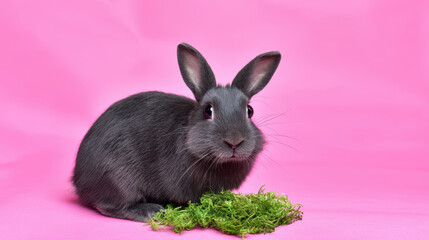 Curious gray rabbit sitting calmly against bright pink background studio portrait photography with fresh green moss for feeding