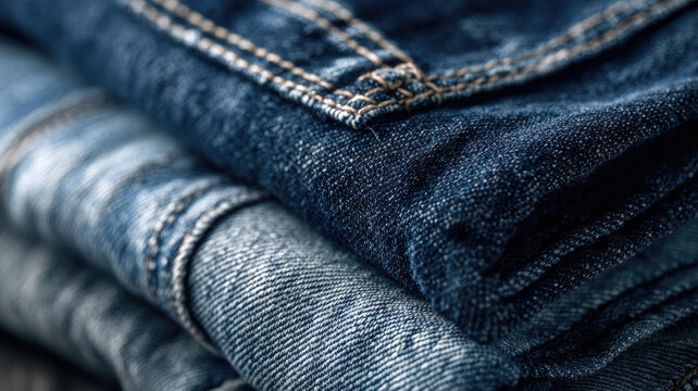 Close-up of folded blue jeans with detailed stitching and denim fabric texture, isolated on  white background