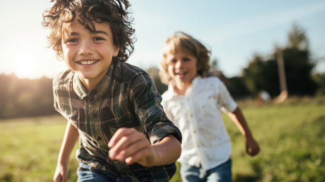 Young boy run around farm with smile and happy child play outdoor on green grass field enjoying summer nature sunlight active lifestyle