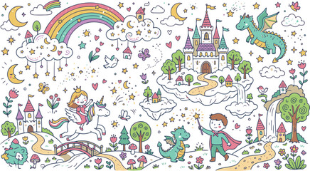 Fairytale fantasy world with flying dragon princess on unicorn and magic castle © Akhi Ayra