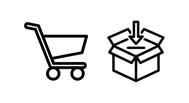 Shopping cart and add to box product delivery e-commerce icons with e commerce with buy now