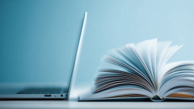 Open book with laptop on desk, education, online learning, study concept, knowledge and technology